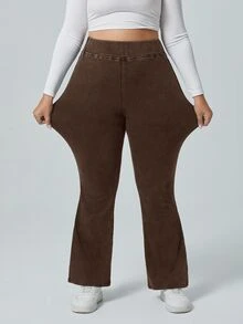 Flexra Plus Size Solid Color Elastic Waist Stretchy Knit Casual Wide Leg Flare Jeans - Coffee Brown - View 4