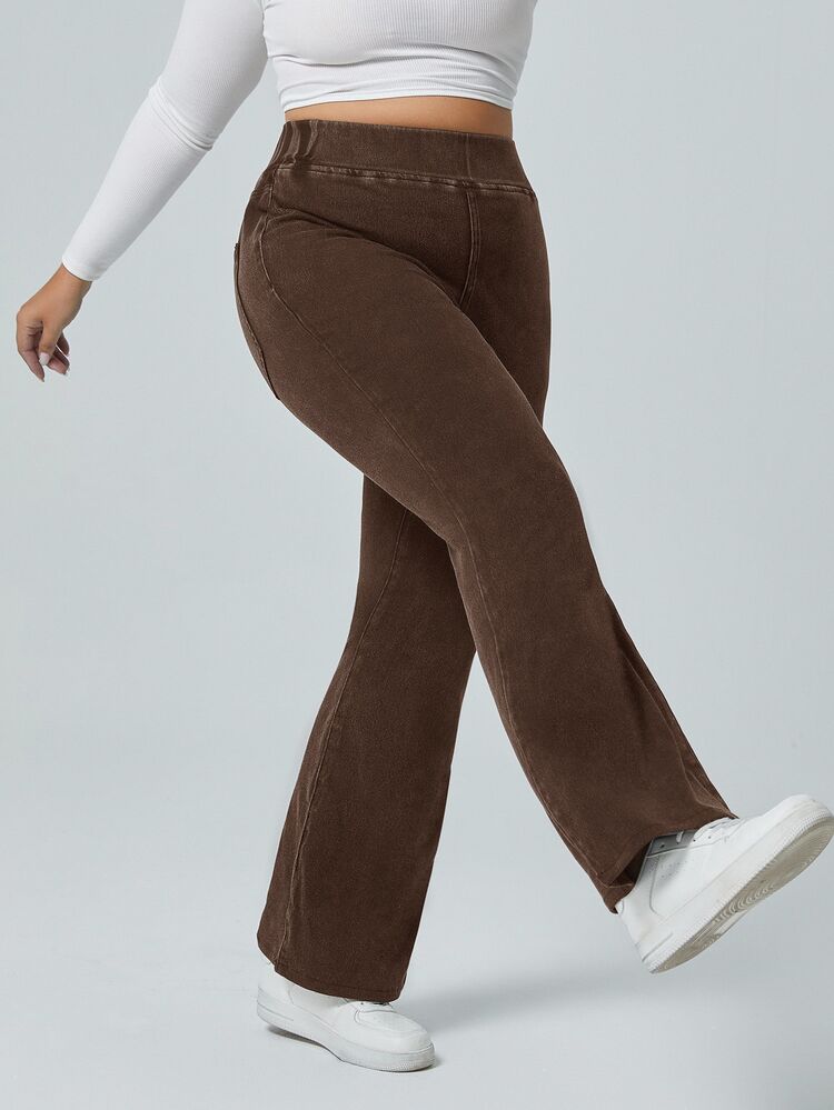 Flexra Celana Jeans Model Lebar Kasual Rajut Elastis Warna Polos Ukuran Besar - Coffee Brown - View 3