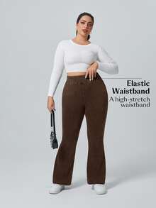 Flexra Plus Size Solid Color Elastic Waist Stretchy Knit Casual Wide Leg Flare Jeans - Coffee Brown - View 6
