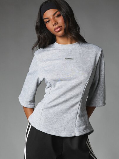 MISSGUIDED T-shirt oversize col ras-du-cou manches coude avec détail d'épaule structuré et design de couture incurvée pour un port décontracté au quotidien