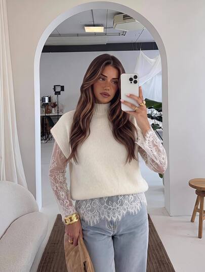 Serisse ملابس علوية نسائية محبوكة بتصميم قطعتين وهمية مع أكمام طويلة من الدانتيل، ياقة دائرية، أنيقة وكاجوال، مناسبة للخريف/الشتاء، رسمية فاخرة وعملية أنيقة أساسية
