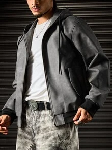 ROMWE MEN Men's Fashion Hooded Zip-Up Jacket - Grey - View 6