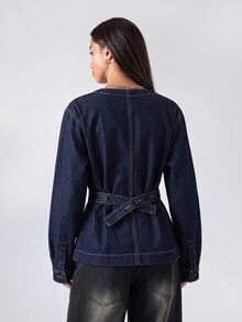 LYSMO Women's Casual Everyday Commute Dropped Shoulder Loose Patchwork Pocket Single-Breasted Denim Jacket, Spring/Autumn - Dark Wash - View 2