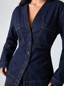 LYSMO Women's Casual Everyday Commute Dropped Shoulder Loose Patchwork Pocket Single-Breasted Denim Jacket, Spring/Autumn - Dark Wash - View 4