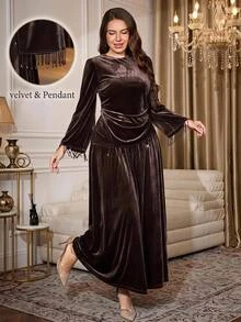 Reflora Plus Size Autumn/Winter Pearl Tassel Accessory Elegant Formal Slim Fit Waist-Cinched Party Evening Formal Cocktail Banquet Outfit Fall Brown Christmas - Brown - View 8