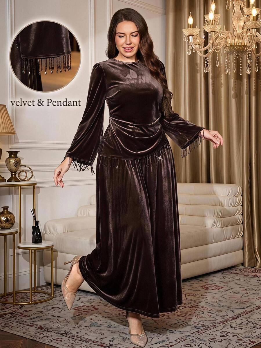 Reflora Plus Size Autumn/Winter Pearl Tassel Accessory Elegant Formal Slim Fit Waist-Cinched Party Evening Formal Cocktail Banquet Outfit Fall Brown New Year