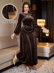 Reflora Plus Size Autumn/Winter Pearl Tassel Accessory Elegant Formal Slim Fit Waist-Cinched Party Evening Formal Cocktail Banquet Outfit Fall Brown Christmas - Brown - View 6