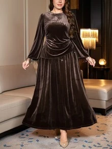 Reflora Plus Size Autumn/Winter Pearl Tassel Accessory Elegant Formal Slim Fit Waist-Cinched Party Evening Formal Cocktail Banquet Outfit Fall Brown Christmas - Brown - View 3