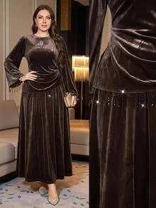 Reflora Plus Size Autumn/Winter Pearl Tassel Accessory Elegant Formal Slim Fit Waist-Cinched Party Evening Formal Cocktail Banquet Outfit Fall Brown Christmas - Brown - View 1