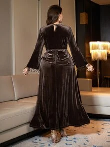 Reflora Plus Size Autumn/Winter Pearl Tassel Accessory Elegant Formal Slim Fit Waist-Cinched Party Evening Formal Cocktail Banquet Outfit Fall Brown Christmas - Brown - View 2