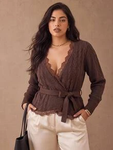 Juhart Áo cardigan len vặn thừng nữ phối ren Pháp, cổ chữ V đan chéo, thắt eo, cho mùa thu/đông - màu nâu - Xem 3