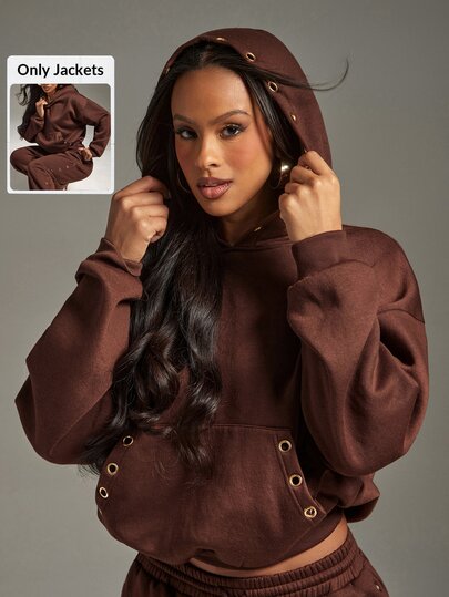 Denimoi Solid Color Hoodie O-Ring Embellished Sweatshirt Fashion Sweatshirts Cozy Airport Lounge, Co-Ord Two Piece Set, Sportswear