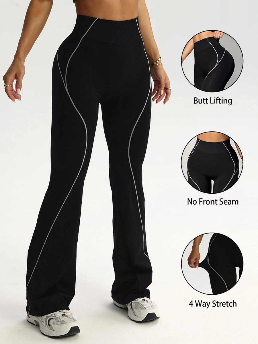 Dewbera Dewbera Women's Striped Contrast Color Flared Leg Sports Pants - Black and White - View 1