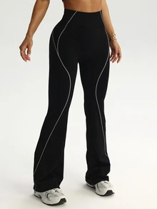 Dewbera Dewbera Women's Striped Contrast Color Flared Leg Sports Pants - Black and White - View 7