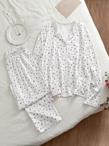 2pcs/Set Girls' Elegant Lace Trim Ditsy Floral Ribbed Long Sleeve Top And Pants, Comfortable Soft Loungewear - White - View 2