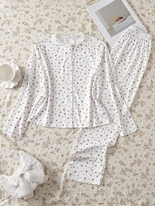 2pcs/Set Girls' Elegant Lace Trim Ditsy Floral Ribbed Long Sleeve Top And Pants, Comfortable Soft Loungewear - White - View 4
