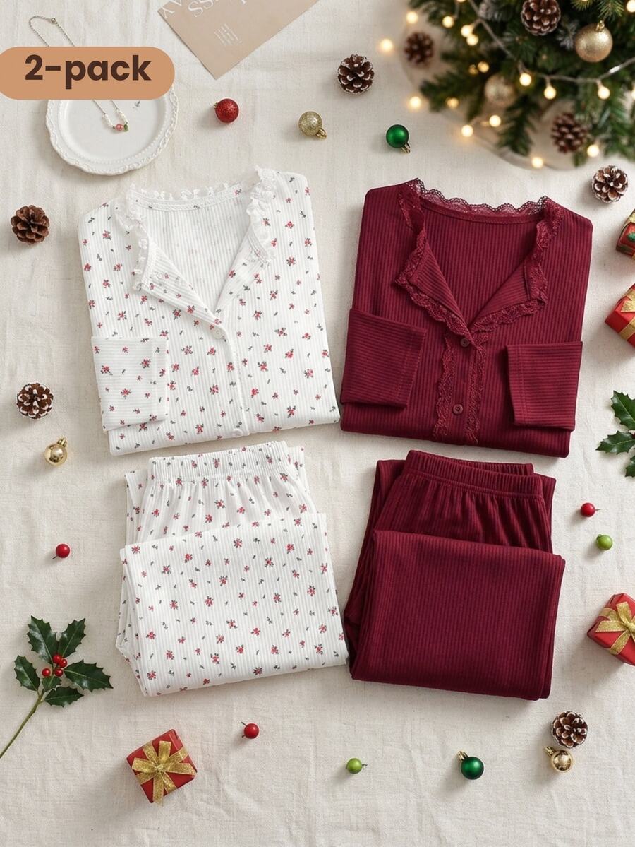 2pcs/Set Girls' Elegant Lace Trim Ditsy Floral Ribbed Long Sleeve Top And Pants, Comfortable Soft Loungewear - White - View 1