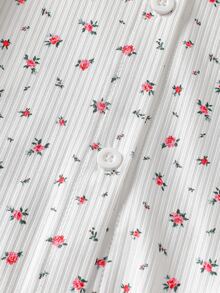 2pcs/Set Girls' Elegant Lace Trim Ditsy Floral Ribbed Long Sleeve Top And Pants, Comfortable Soft Loungewear - White - View 5
