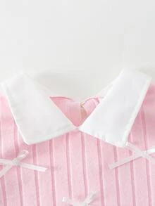 SHEIN 女童休闲衬衫套装，白色蝴蝶结装饰，粉色针织罗纹面料拼布，白色长袖翻领荷叶边下摆衬衫上衣搭配粉色休闲喇叭裤，2 件套，适合返校、休闲、时尚、甜美、可爱、女士日常外出和旅行摄影 - 彩色 - 查看 6