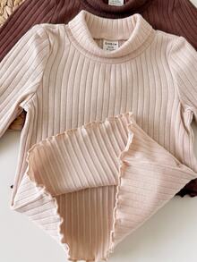 4pcs -Pack Baby Girls' Solid Ribbed Mock-Neck Long-Sleeve Casual Autumn Tops - Brown - View 3