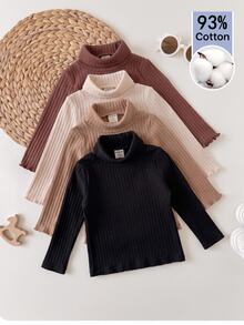 4pcs -Pack Baby Girls' Solid Ribbed Mock-Neck Long-Sleeve Casual Autumn Tops - Brown - View 5