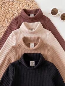 4pcs -Pack Baby Girls' Solid Ribbed Mock-Neck Long-Sleeve Casual Autumn Tops - Brown - View 6