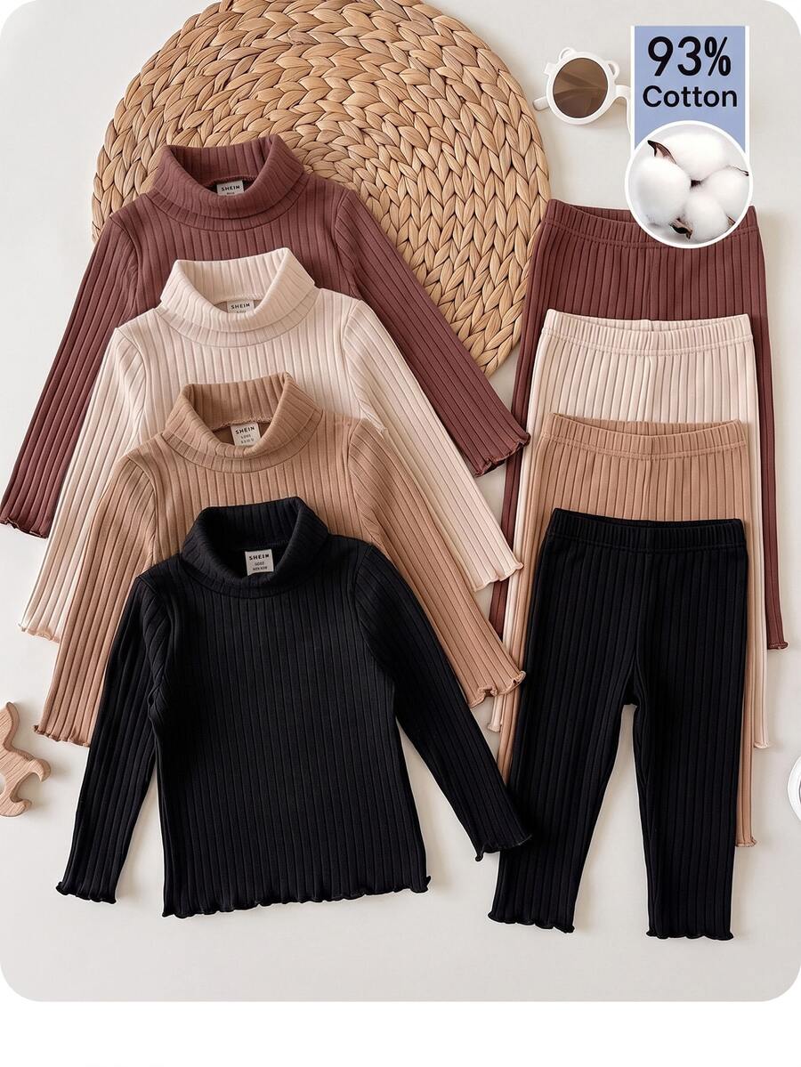 4pcs -Pack Baby Girls' Solid Ribbed Mock-Neck Long-Sleeve Casual Autumn Tops - Brown - View 1