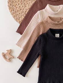 4pcs -Pack Baby Girls' Solid Ribbed Mock-Neck Long-Sleeve Casual Autumn Tops - Brown - View 4