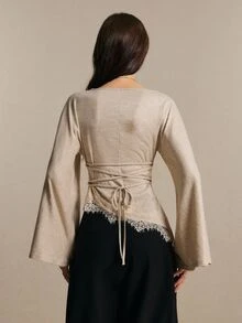 Poéselle Women's Elegant Beige Knit Top, Boat Neck Long Bell Sleeve Asymmetrical Lace Trim Blouse For Fall Winter Casual Daily Wear Going Out Outfits - Apricot - View 2