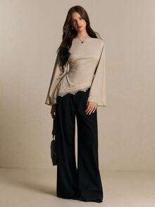 Poéselle Women's Elegant Beige Knit Top, Boat Neck Long Bell Sleeve Asymmetrical Lace Trim Blouse For Fall Winter Casual Daily Wear Going Out Outfits - Apricot - View 7