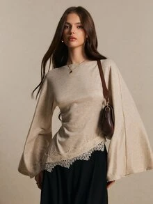 Poéselle Women's Elegant Beige Knit Top, Boat Neck Long Bell Sleeve Asymmetrical Lace Trim Blouse For Fall Winter Casual Daily Wear Going Out Outfits - Apricot - View 8