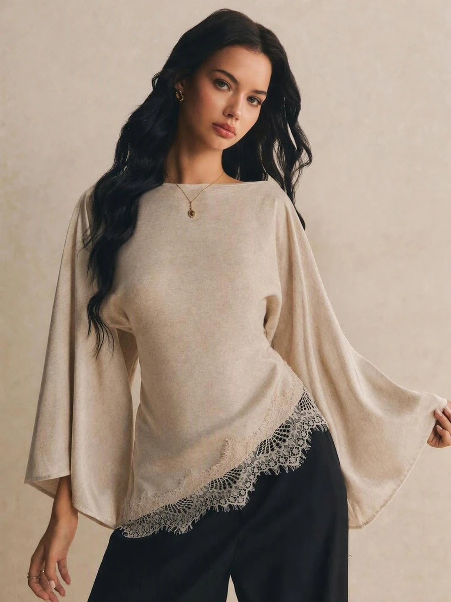 Poéselle Women's Elegant Beige Knit Top, Boat Neck Long Bell Sleeve Asymmetrical Lace Trim Blouse For Fall Winter Casual Daily Wear Going Out Outfits - Apricot - View 1