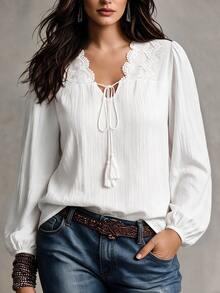 EMERY ROSE Gentle Style Boho Casual Lace Tie Long Sleeve Blouse Lightweight Commute Vacation Date Plus Size Shirt French Romantic Outfit For Women Travel White - White - View 1