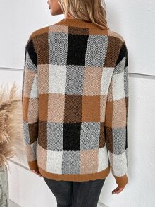 Calvaya Plaid Pattern Drop Shoulder Sweater,Long Sleeve Tops Knit Pullover Fall Winter Sweater - Multicolor - View 2