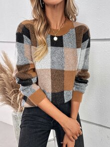 Calvaya Plaid Pattern Drop Shoulder Sweater,Long Sleeve Tops Knit Pullover Fall Winter Sweater - Multicolor - View 4