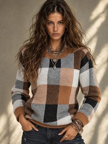 Calvaya Plaid Pattern Drop Shoulder Sweater,Long Sleeve Tops Knit Pullover Fall Winter Sweater - Multicolor - View 3
