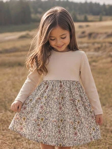 Đầm casual nữ trẻ đi du lịch họa tiết hoa phối patchwork cổ tròn tay dài - Nhiều màu - Xem 1