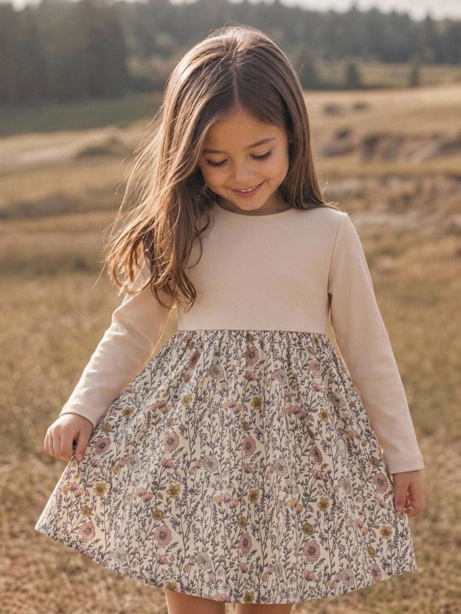 Đầm casual nữ trẻ đi du lịch họa tiết hoa phối patchwork cổ tròn tay dài - Nhiều màu - Xem 1