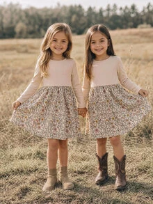 Đầm casual nữ trẻ đi du lịch họa tiết hoa phối patchwork cổ tròn tay dài - Nhiều màu - Xem 3