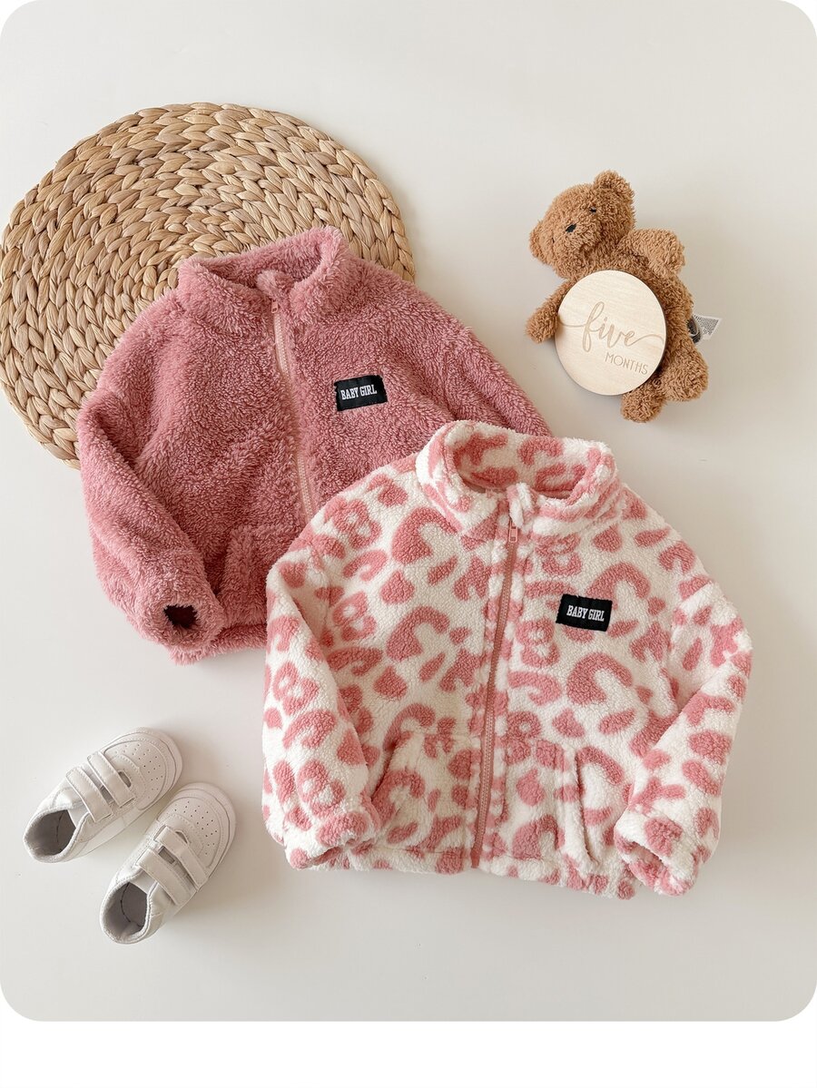 SHEIN 2pcs Baby Girl Autumn/Winter Cute Versatile Casual Fuzzy Stand Collar Jacket - Pink - View 1