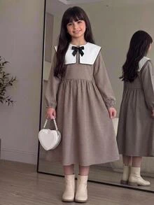 SHEIN 青少年女孩休閒拼色領口修身寬鬆拼接A字修飾精緻棕色編織格紋洋裝 藍色返校季穿搭 卡其色 - 棕色 - 查看 6
