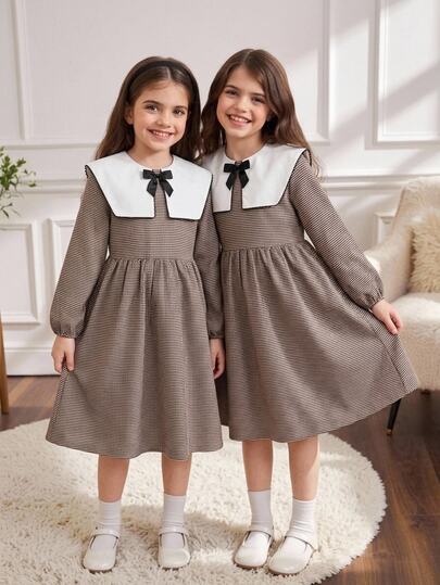 SHEIN Tween Girl Casual Colorblock Polo Collar Fitted Loose Patchwork A-Line Frill Trim Exquisite Brown Woven Plaid Dress Blue Back To School Season Wear Khaki