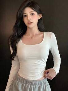 DAZY Camiseta corta de cuello redondo, cintura fruncida y bajo curvo, color liso, para otoño - Blanco - Ver 8