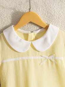 SHEIN Tween女孩抓皺優雅可愛學院風白色與黃色夏季開學迷你洋裝，休閒畢業學校派對穿搭 - 黃色 - 查看 6