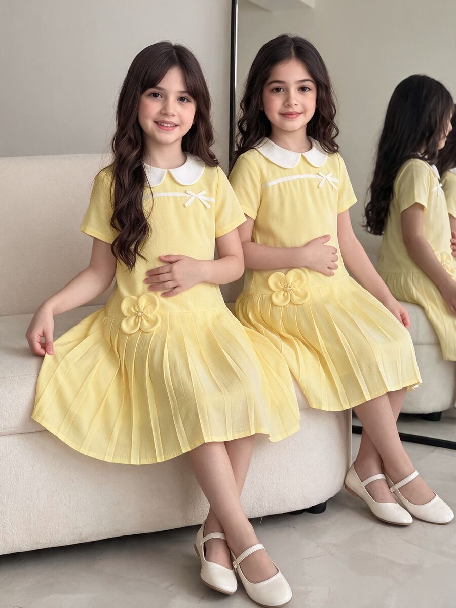 SHEIN Tween女孩抓皺優雅可愛學院風白色與黃色夏季開學迷你洋裝,休閒畢業學校派對穿搭 - 黃色 - 查看 1