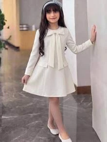 SHEIN 女童白色長裙，蝴蝶結裝飾長袖優雅百褶長禮服，可愛休閒日常度假穿搭，適合秋冬兒童特殊場合穿著 - 米色 - 查看 4