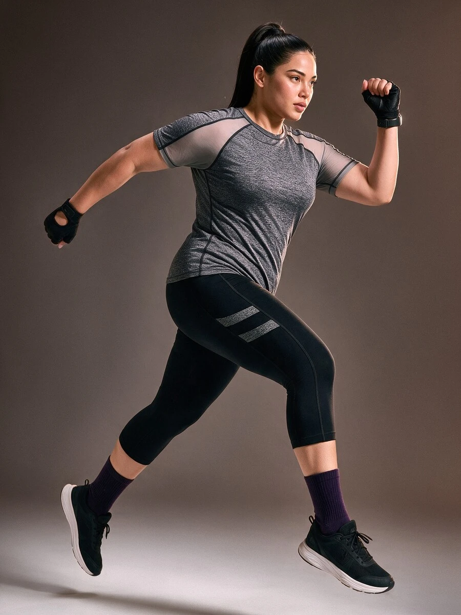 Powerista Women's Plus Size Workout Tee Gray Moisture Wicking Short Sleeve Performance Top With Mesh Detail For Sports And Cropped Leggings For Athletic Set - Black - View 1