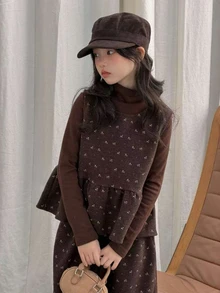 DAZY Bộ đồ mặc ngoài mùa thu cho bé gái tween gồm áo tank top gấu bèo in họa tiết anh đào và quần dài - màu nâu - Xem 2
