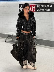 StreetHx Y2K Streetwear Vintage Plaid Zipper Short Wool Jacket, Frayed Fur Collar Hooded Long Sleeve Ribbed Hem Street Style Short Coat Night Out Black Fall - Multicolor - View 4
