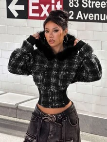 StreetHx Y2K Streetwear Vintage Plaid Zipper Short Wool Jacket, Frayed Fur Collar Hooded Long Sleeve Ribbed Hem Street Style Short Coat Night Out Black Fall - Multicolor - View 3
